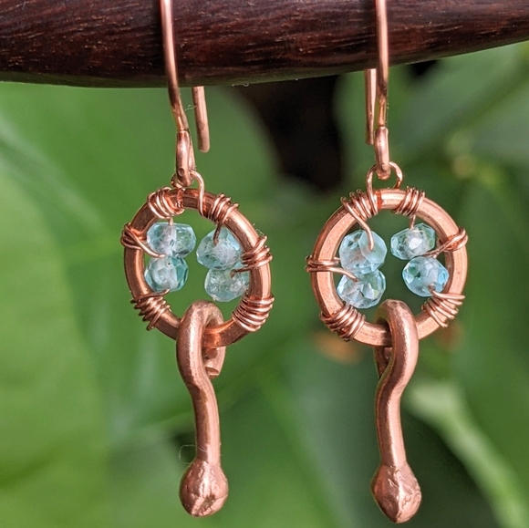 Blue Apatite Gemstone Earrings Artisan Crafted Copper Design - Picture 1 of 8